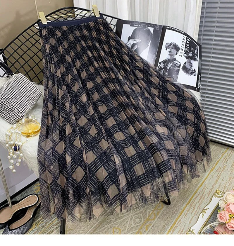 2022 Spring and Summer Mesh Long Women's Skirts High Waist Love Printed Elegant A-Line Pleated Skirt Fashion New