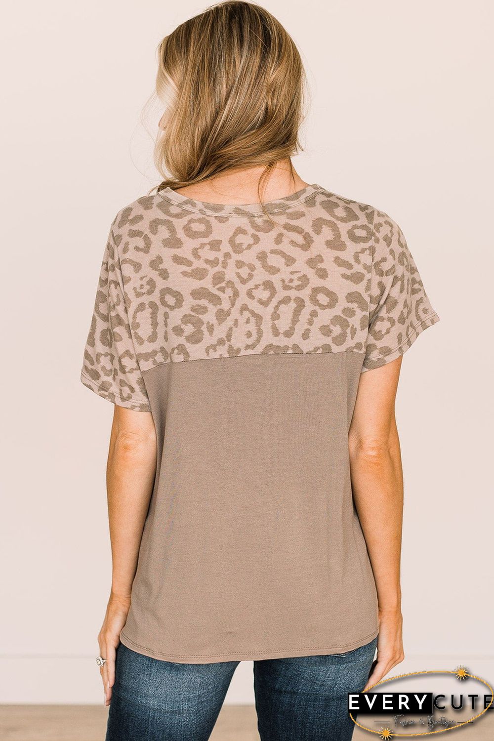 Khaki Leopard Yoke Color Block T Shirt