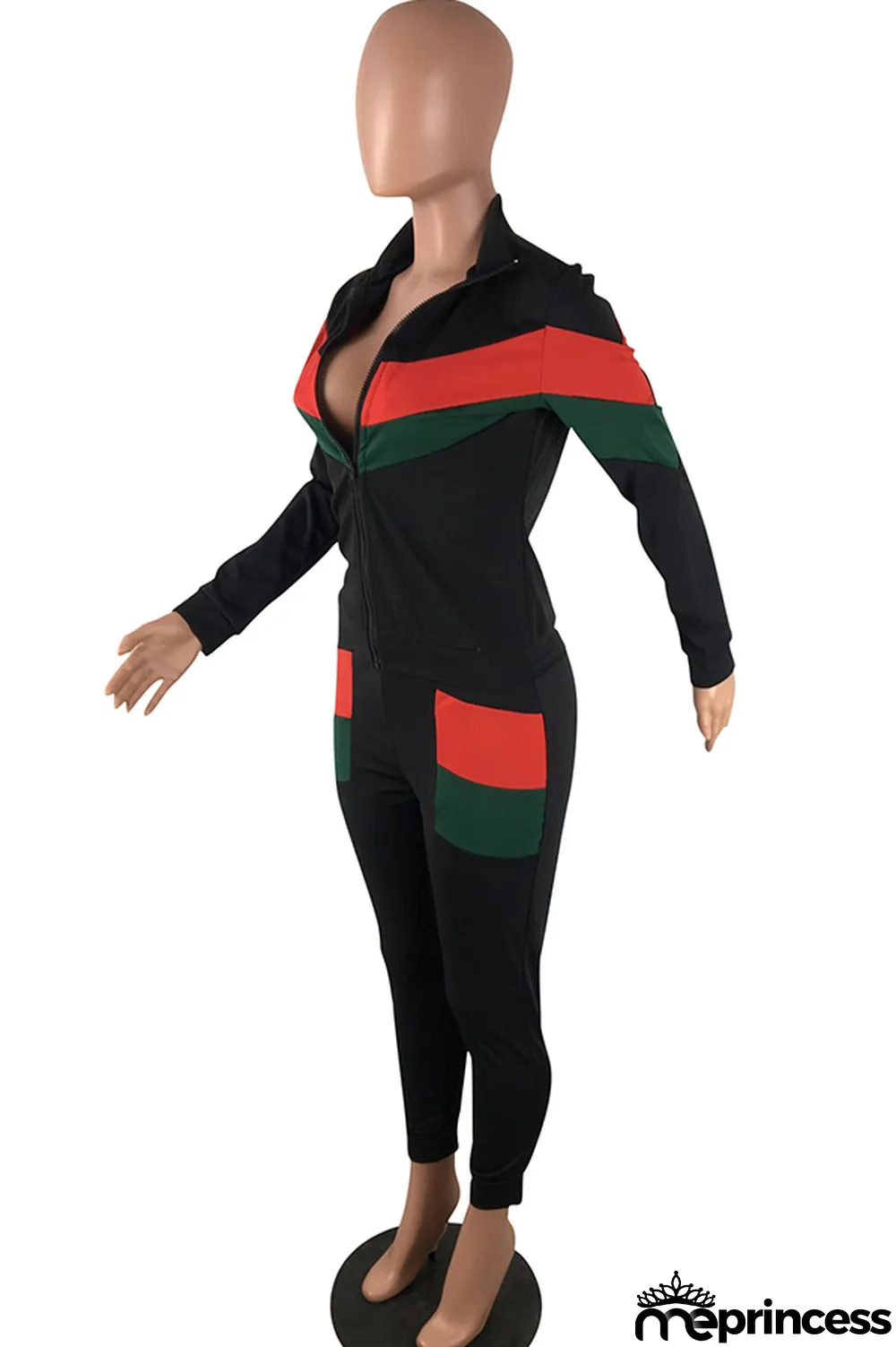 Blue Polyester Casual Two Piece Suits Patchwork Striped Straight Long Sleeve Two-piece Pants Set