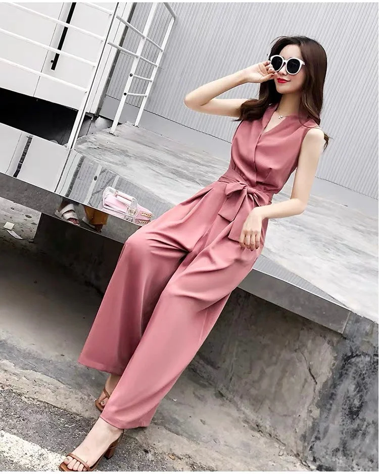 Self Belt Bowknot Plain Jumpsuit