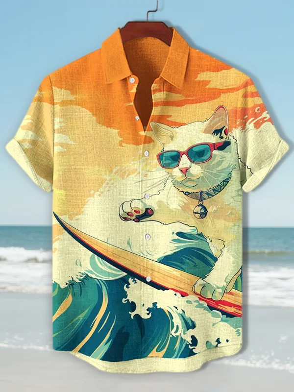 Men's Brave Cat Surfing Print Short Sleeve Shirt