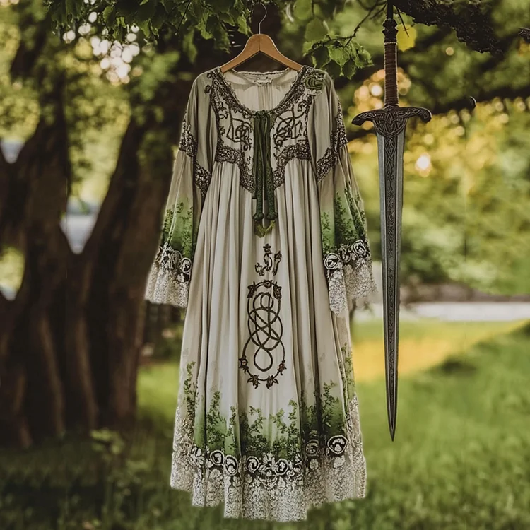 Utbros Vintage Viking Pattern Lace Art Casual Maxi Dress