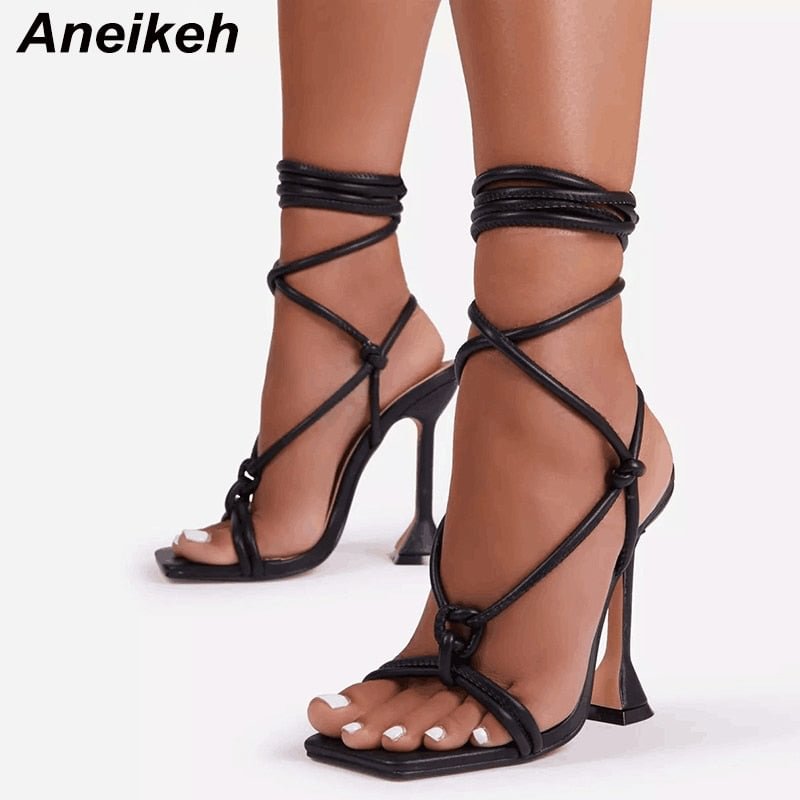 Aneikeh Women's Shoes Cross-Tied Head Peep Toe Patchwork Fashion High Heels Wedding  Sandalias Mujer NEW 2021 Summer Narrow Band