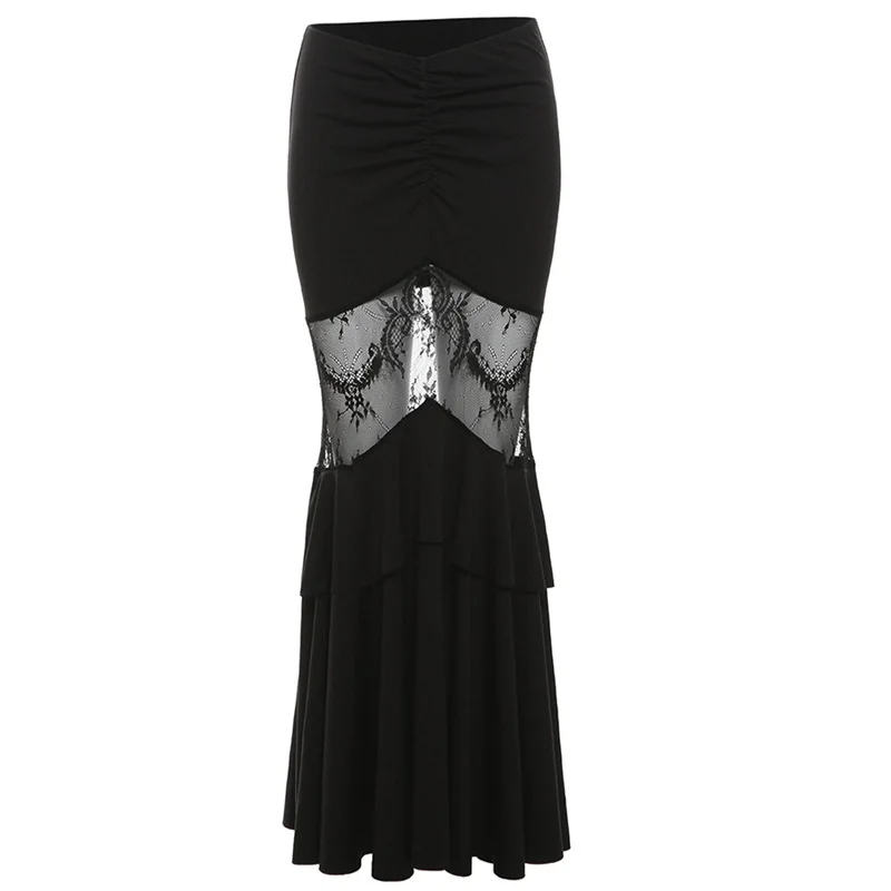 Ueong Ueong Summer New Women's Dark Wind Temperament Lace Stitching Perspective Large Swing Skirt