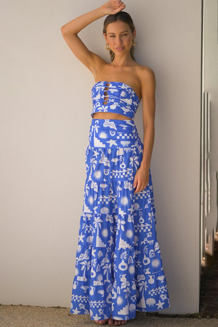 Cut Out Ruched Crop Top Print Pleated Maxi Skirt Vacation Matching Set [Pre Order]