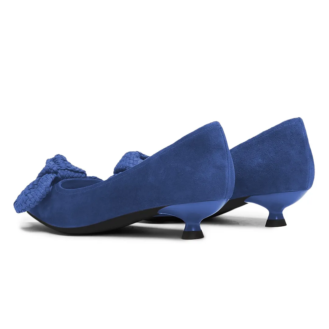 Cute Blue Vegan Suede Pointed Toe Woven Bow Decor Pumps Heels