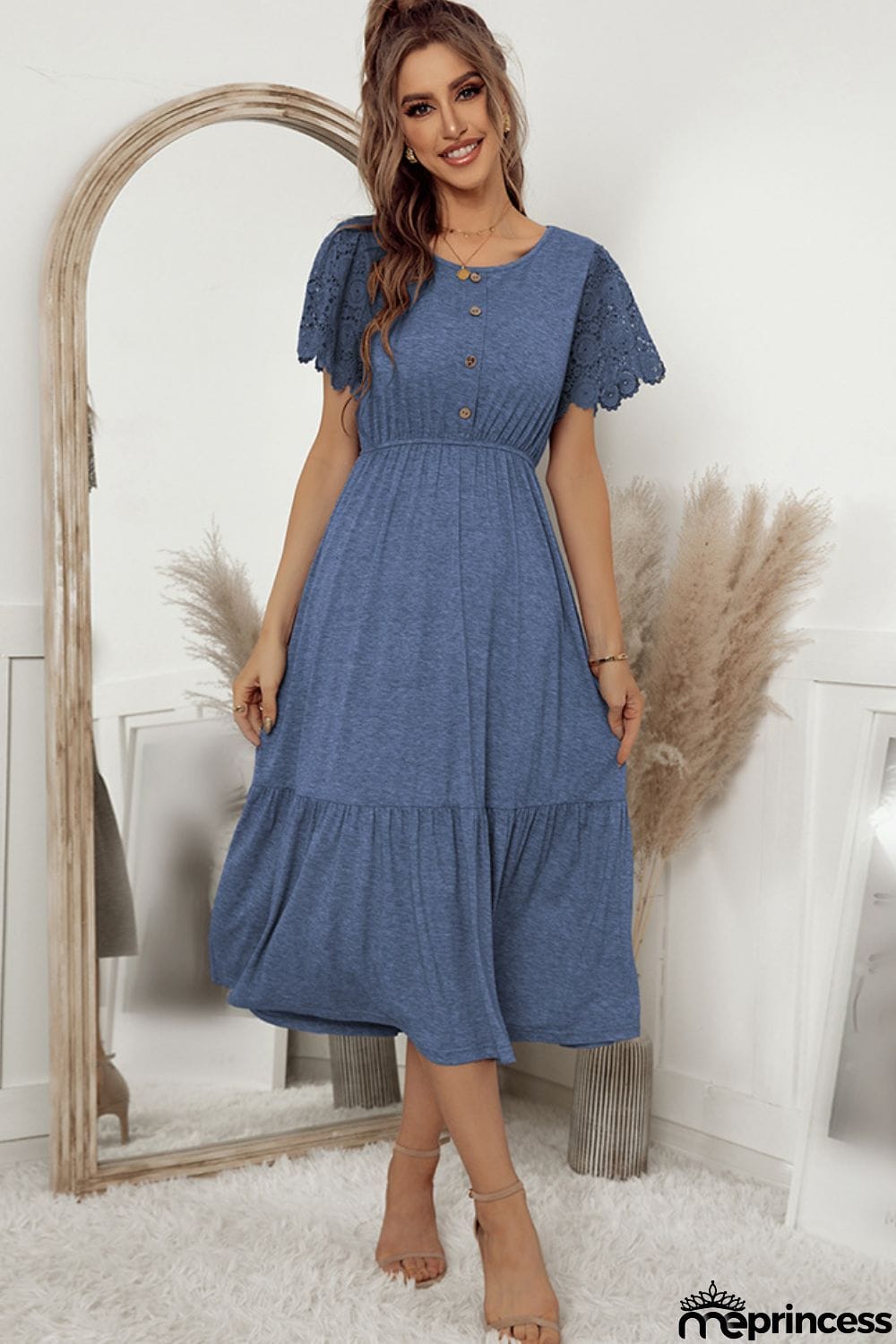 Decorative Button Round Neck Lace Sleeve Dress
