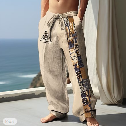 Men's linen print color block trousers