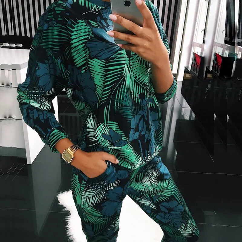 ELSVIOS Casual lady Tracksuit Autumn 2Pcs set Women Hoodies Long Pants Animal Print Homewear Casual O neck long sleeve Suit Sets