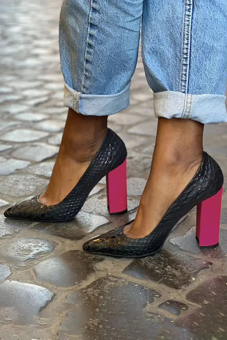 Colorblock Snake Print Pointy Toe Slip On Black Chunky Heels