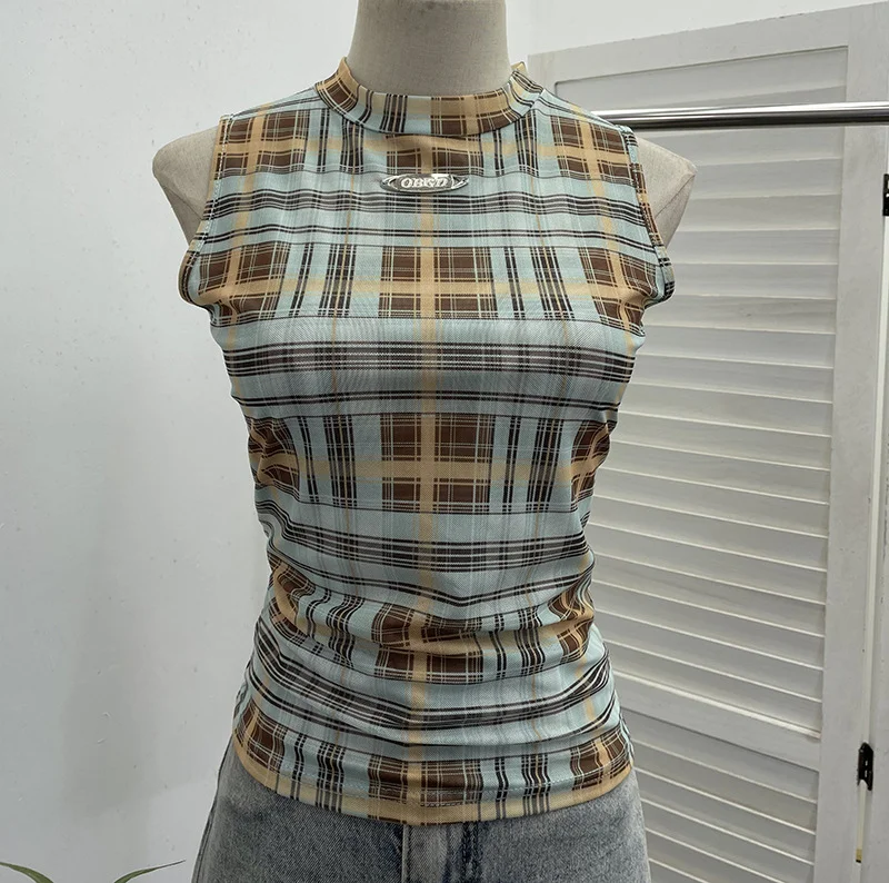 Nigikala Nigikala Mesh Vest Retro Design Slim Slimming Sleeveless T-Shirt Short Top 8036