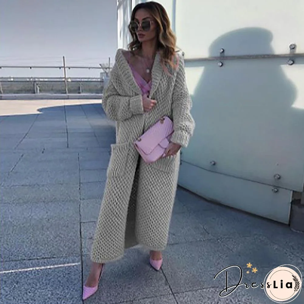 Winter Lapel Knitted Solid Color Long Oversize Sweater