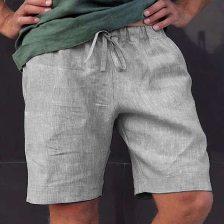 Men's Summer Loose Lace-Up Five-Point Pants Solid Color Linen Shorts