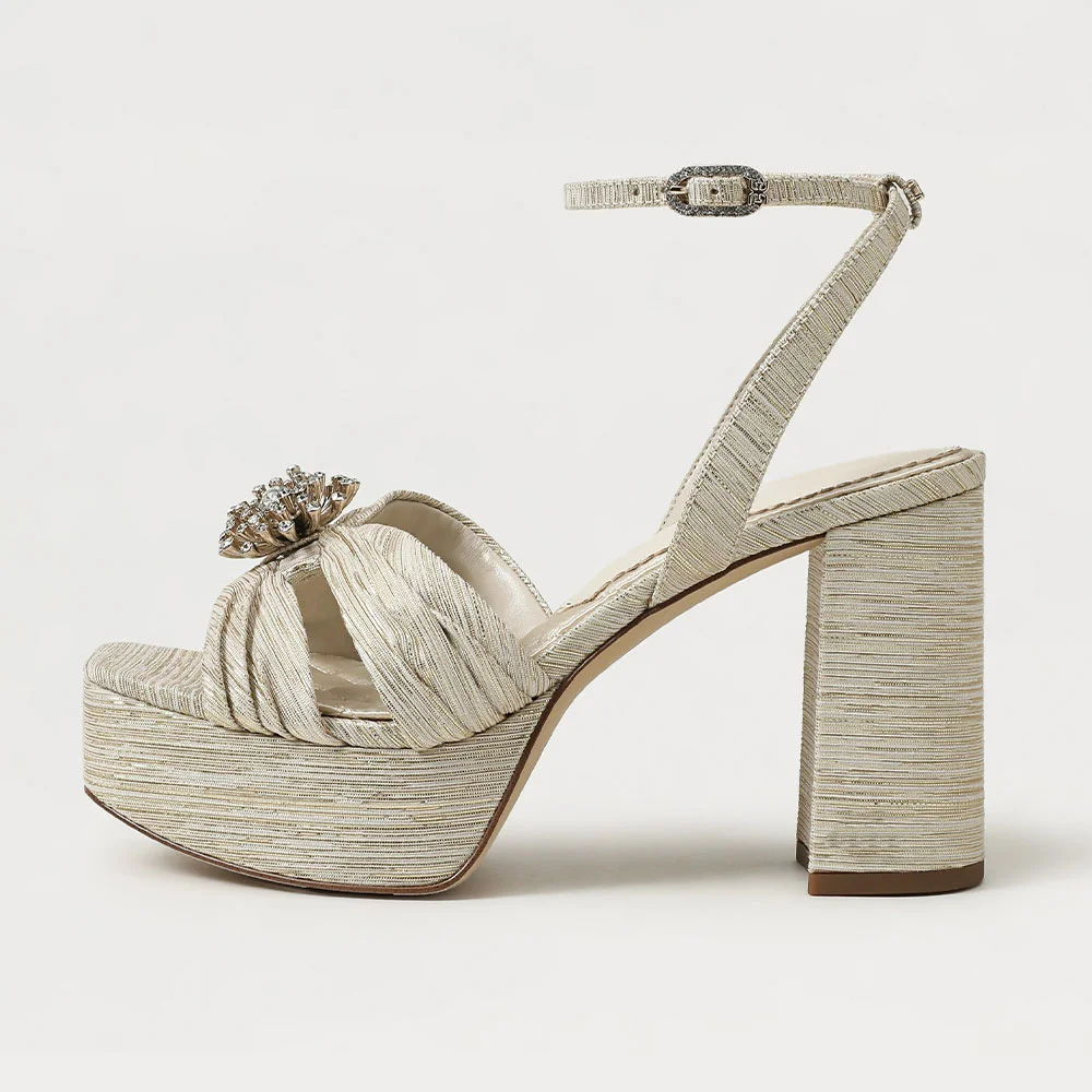 Beige Open Square Toe Rhinestone Floral Ankle Strap Platform Sandals