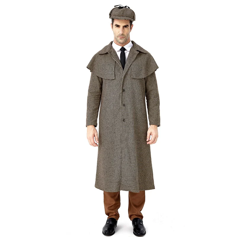 Halloween Male Movie Character Detective Sherlock Holmes costume British Plaid Turtleneck Jacket Novameme