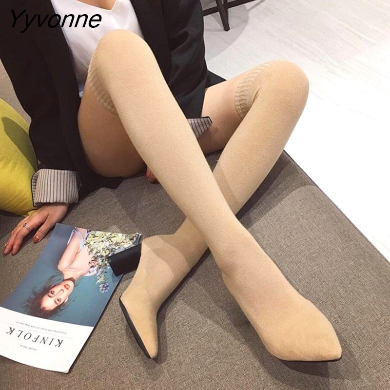Yyvonne Women Sock Boots Over The Knee Pointed Toe Elastic Fabric Boots Woman Slip On Thick High Heels Stretch Boots Woman Black Brown