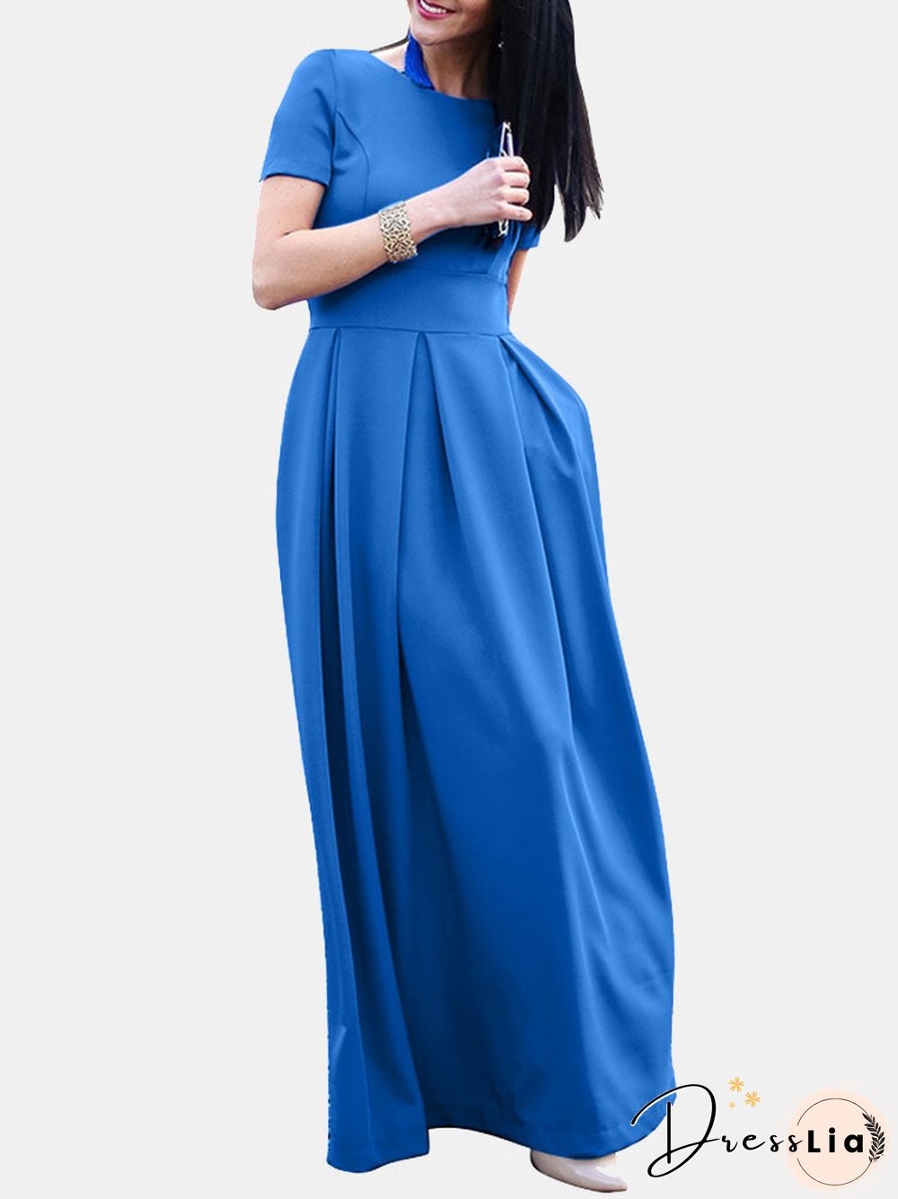 Solid Short Sleeve Pocket Crew Neck Maxi Dress