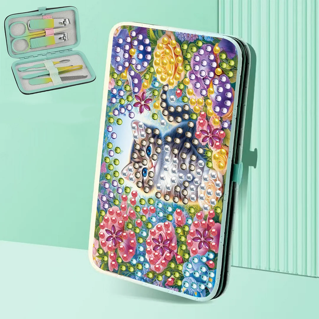 Cat Flower Diamond Painting Nail Art Bag Set Includes 7 Professional Tools