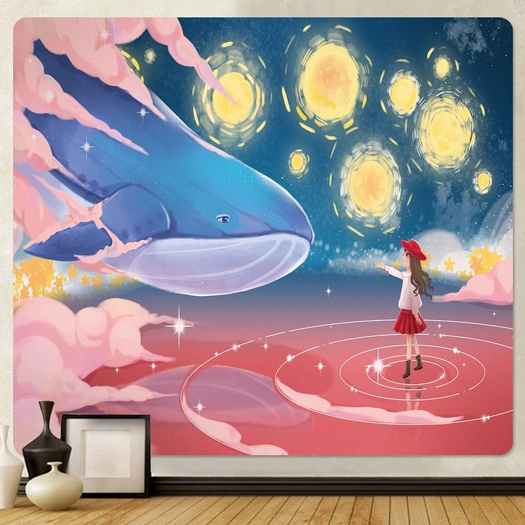 Dream Sky Whale Girl Cure Pink Home Decor Tapestry Hippie Bohemian Psychedelic Scene Bedroom Wall Tapestry