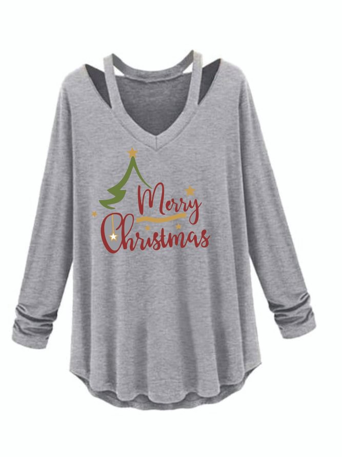 Christmas Solid V Neck Long Sleeve