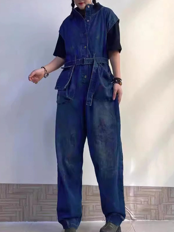 Women's Printed Gradient Casual Retro Wide-leg Workwear Denim Overalls Jumpsuit
