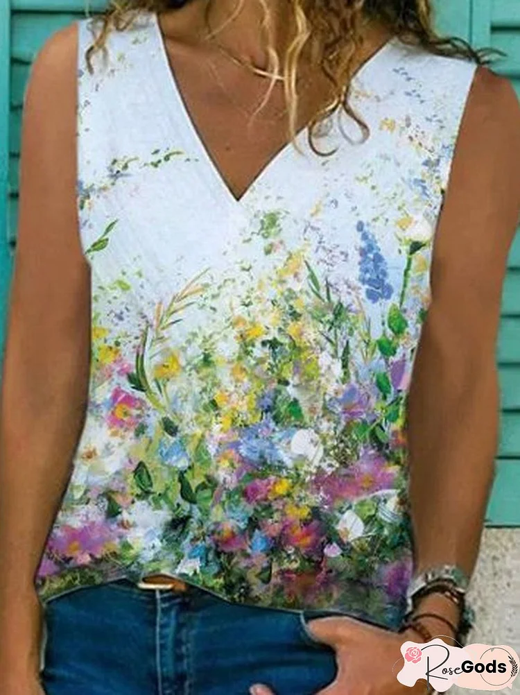 Cotton-Blend Sleeveless V Neck Shirts & Tops