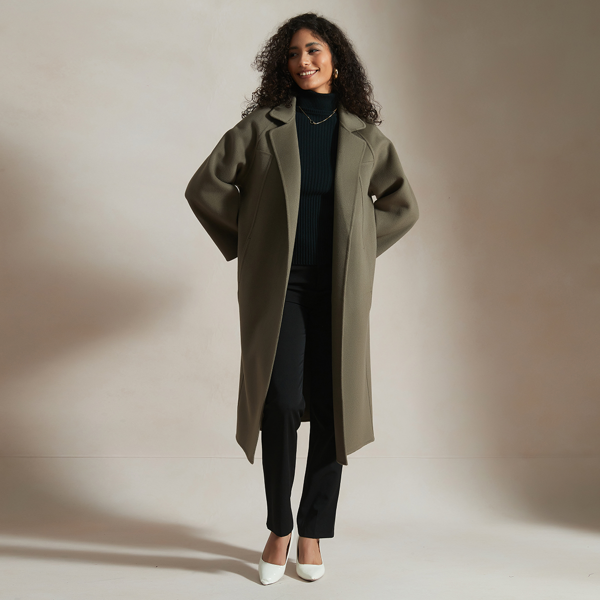  Handmade Collection Women's Belted Wrap Wool Coat-Gray Camel REAL SILK LIFE