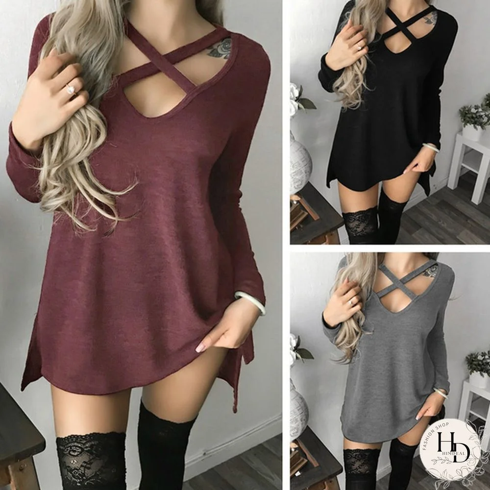 Women Spring Summer Fashion Long Sleeve Tops Black Casual Knitted Sweater Dresses Ladies Fashion Loose Mini Dress Pure Color Cotton Shirt Sexy Deep V-Neck Slim Fit Waist Bodycon Club Wear Knit Slit Party Robe Chic FemmeT-shirt