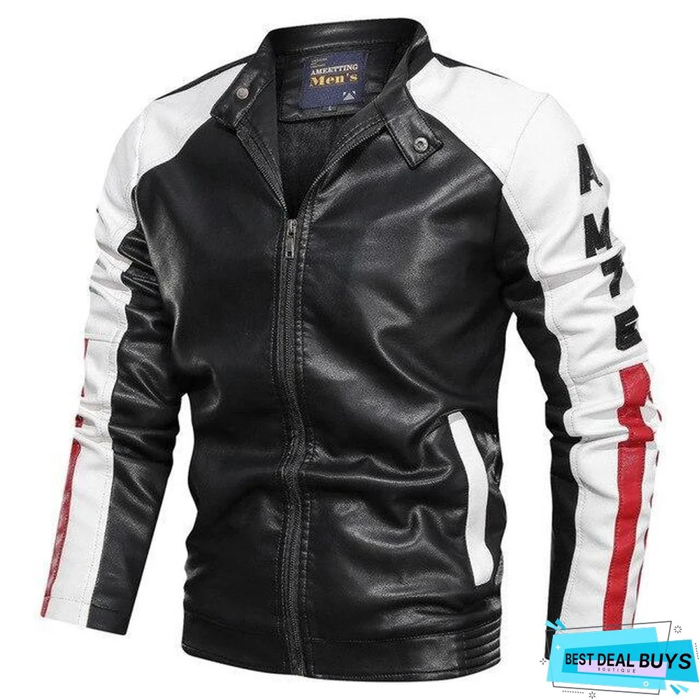 Men's Leather Jacket Casual Fashion Stand Collar Motorcycle Jacket Men Patchwork Quality Leather Jacket