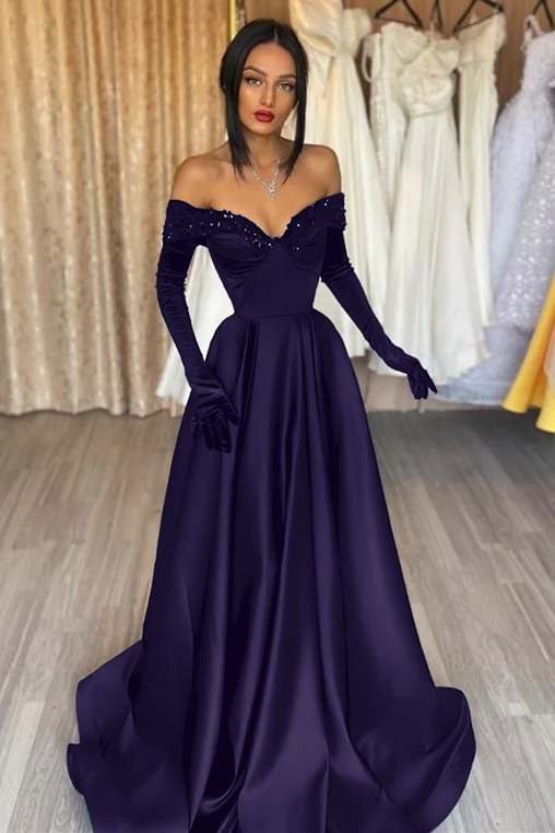 Hidais Glamorous Black Off the Shoulder Long Sleeves A Line Evening Dress with Appliques