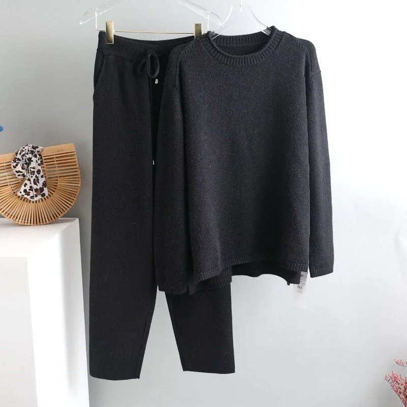 2021 2 Pieces Set Women Knitted Tracksuit O-neck Sweater + Granny pants Sweater Set female Knitted sweater suit Homewear sweater