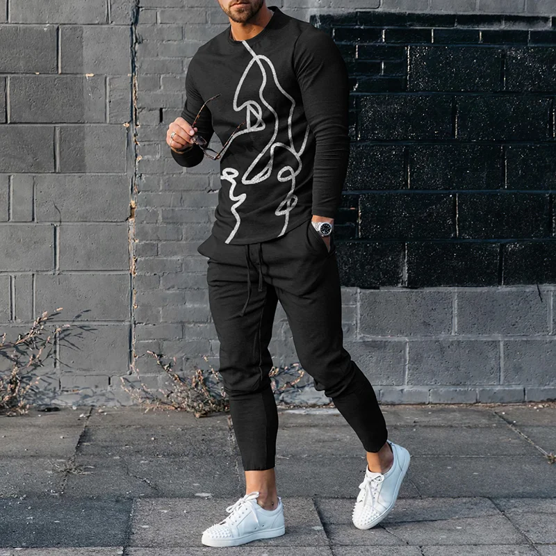 Simple Artistic Face Print T-Shirt And Pants Co-Ord