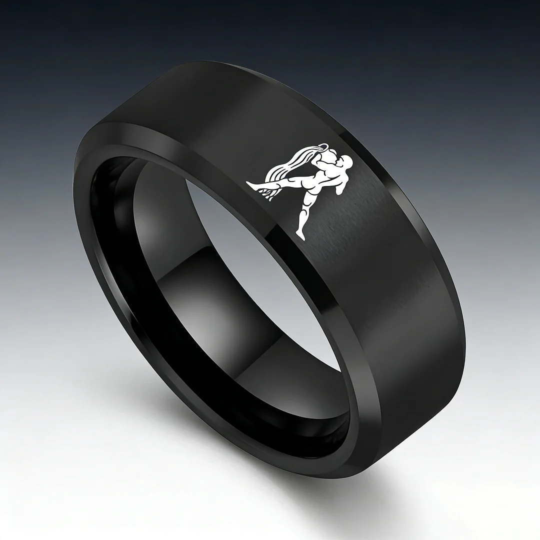 Beveled Edges Black Laser Etched Tungsten Carbide Rings Black Aquarius Couple Wedding Band 4MM 6MM 8MM