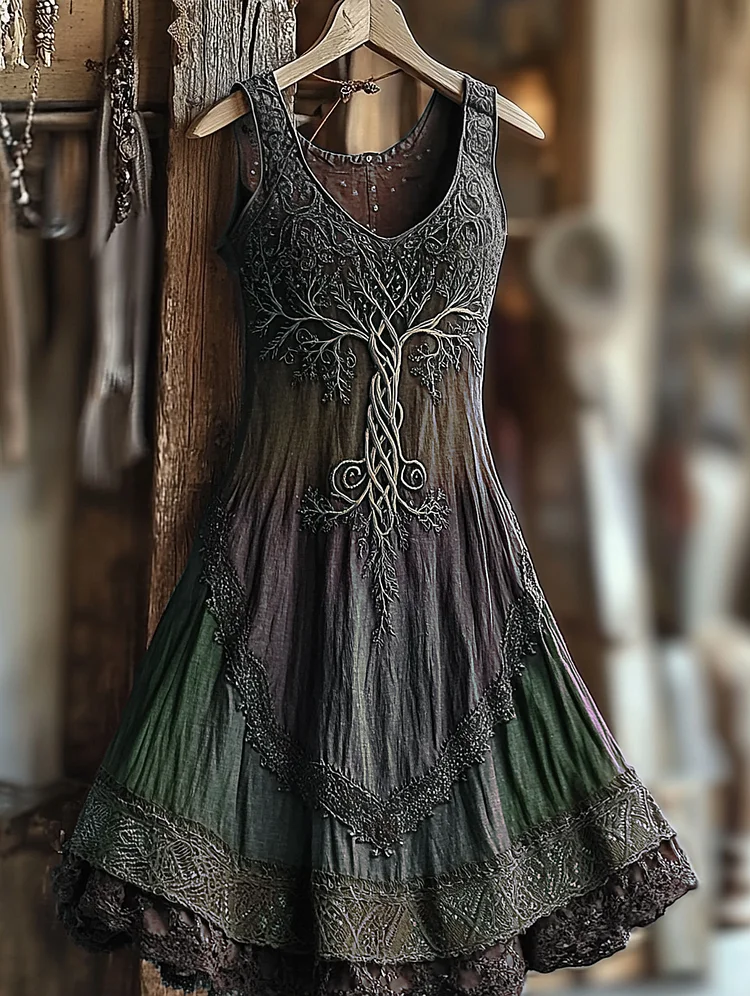 VChics Women's Vintage Viking Tree Of Life Gradient Linen Dress