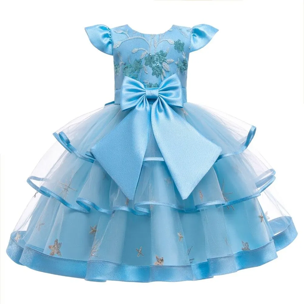 Children's Bow Sequined Prom Wedding Bridesmaid Dress Girl Flying Sleeves Multi-Layer Mesh Princess Dress