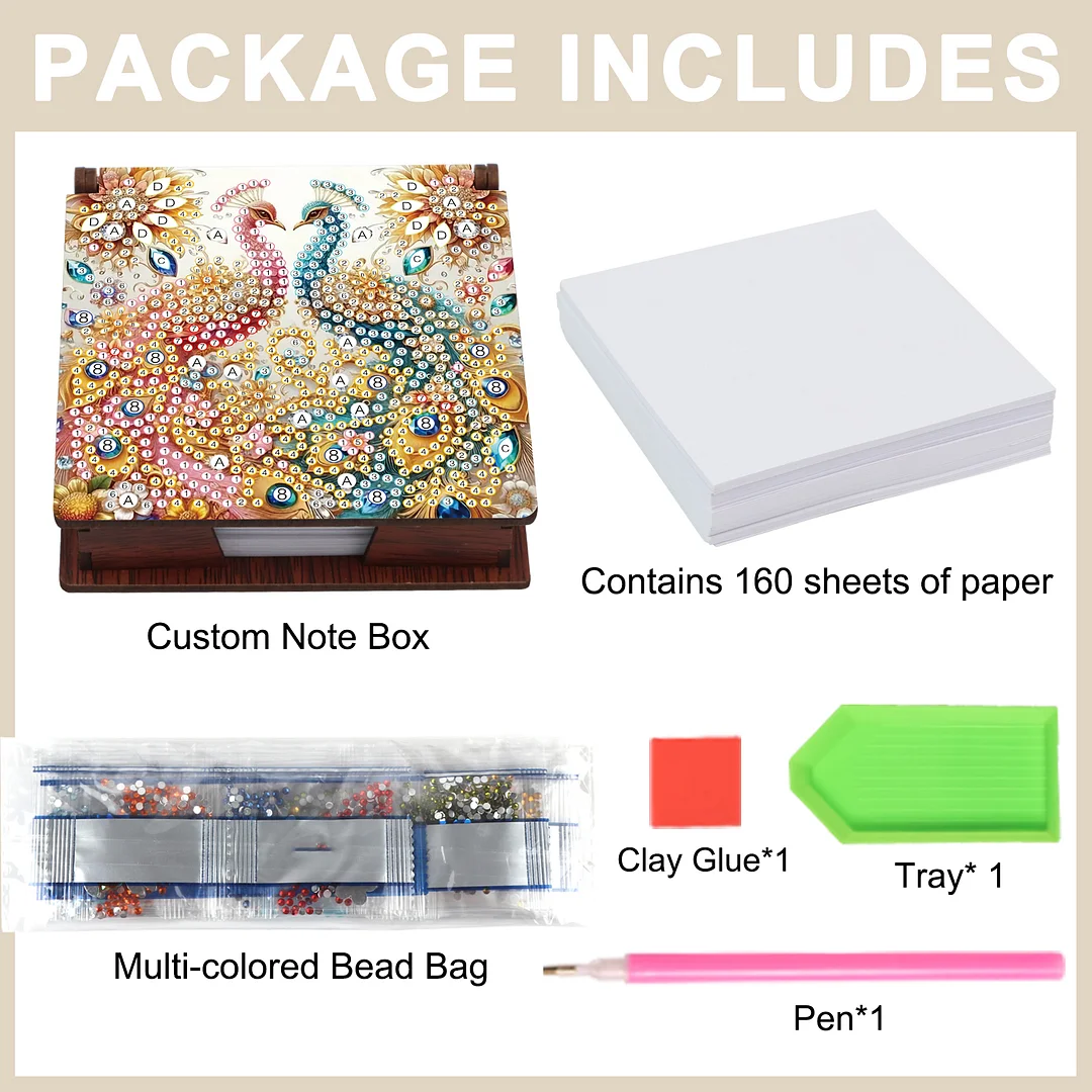 Wooden DIY Red Blue Peacock Diamond Painting Kit Note Box with 160 Papers Gifts