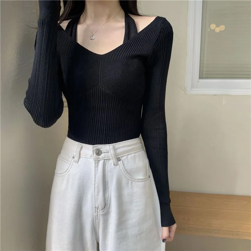 Uveng Uveng Up Spring And Autumn New Chic Sexy Chest Thin Hanging Neck Two Long-Sleeved Knitted Jersey Jersey Elastic Sweater