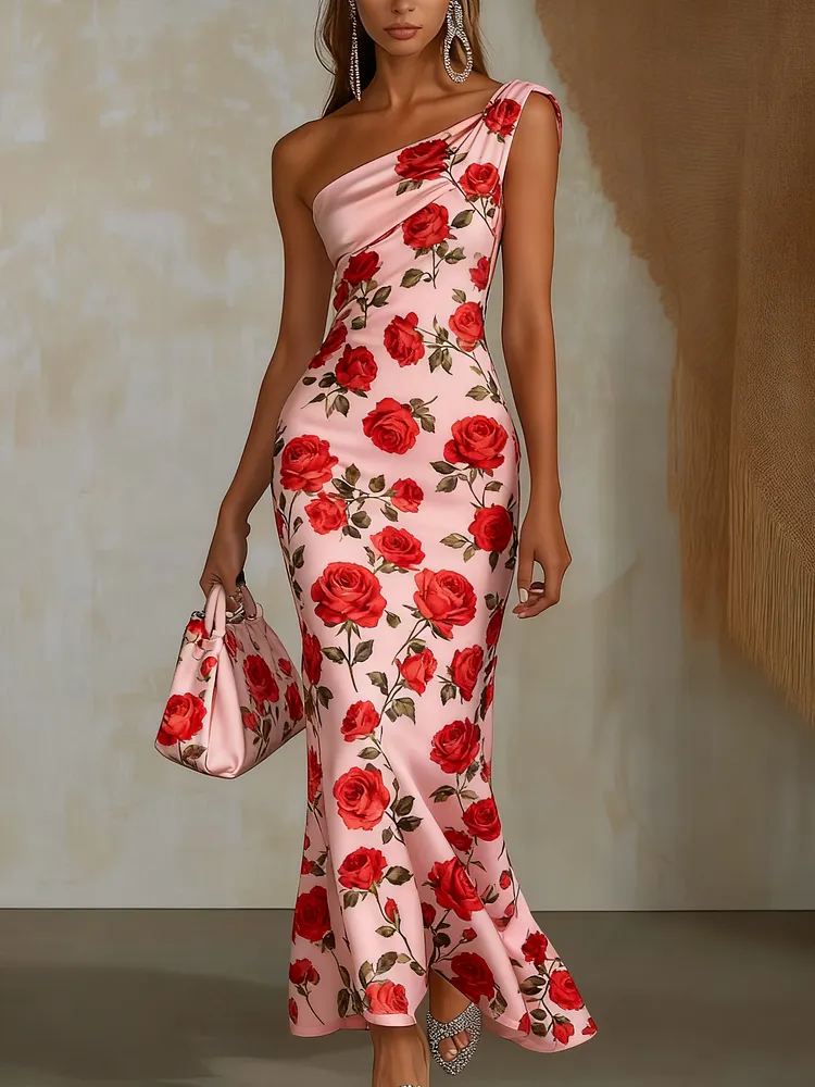 One shoulder print satin maxi dress