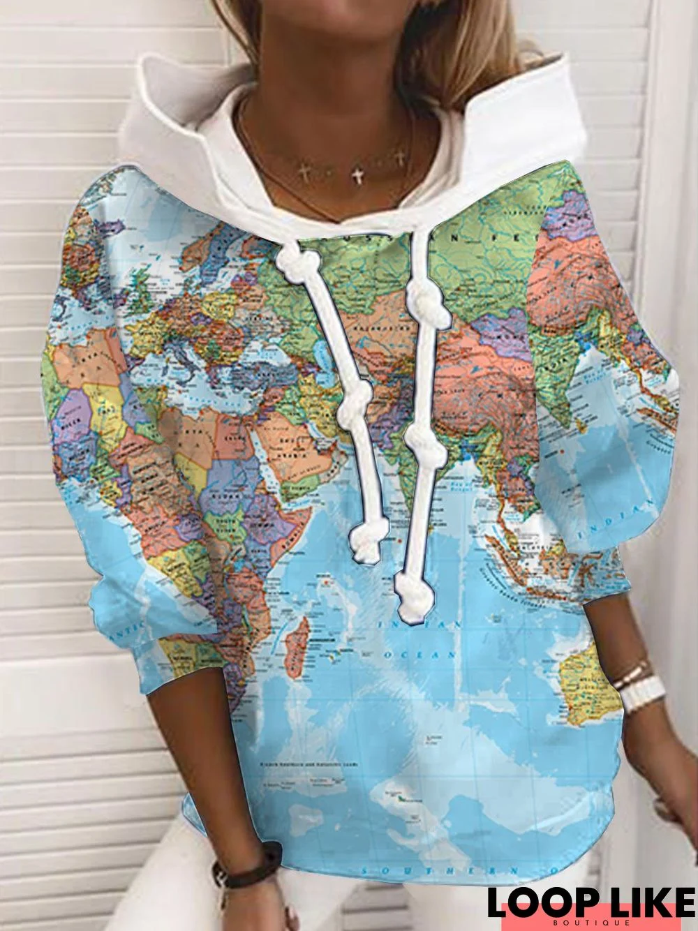 Long Sleeve Hoodie Map Cotton-Blend Sweatshirt