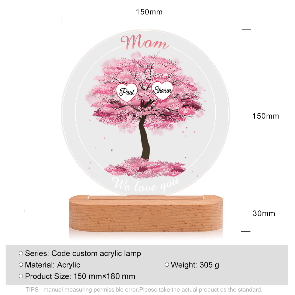 2 Names - Personalised Acrylic Night Light Custom 2 Texts Pink Family Tree LED Lamp Gifts for Mother/Grandma-Jessemade AU