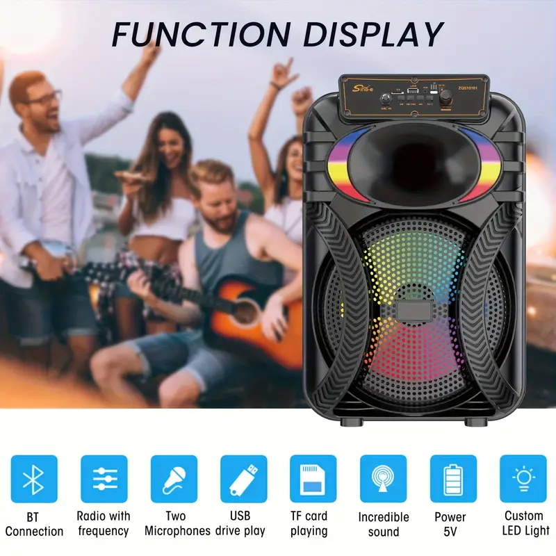 massive 10 bt speaker for outdoor indoor party 2400mah rechargeable portabletv speaker features bt fm usb tf card 2 mic tws pairing wireless mic dynamic colorful led lights camping parties more Product details 7