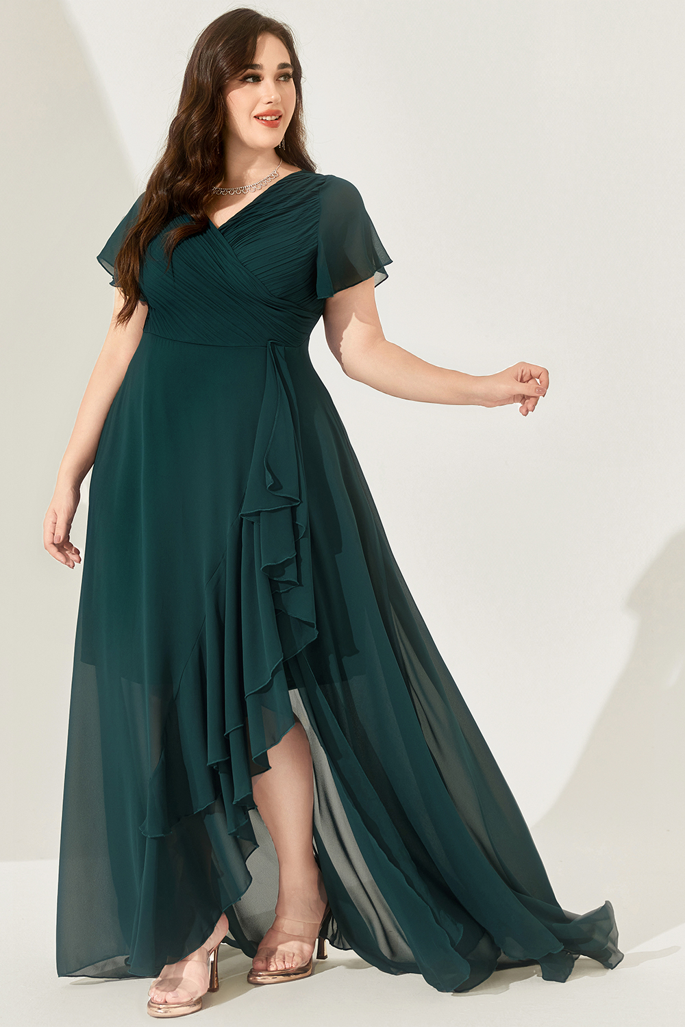 Flycurvy Plus Size Mother Of The Bride Green Chiffon Pleated Irregular Hem Short Sleeve Maxi Dress