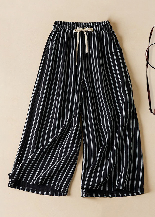 VCSHOES Loose Black Striped Pockets Elastic Waist Cotton Crop Pants Summer