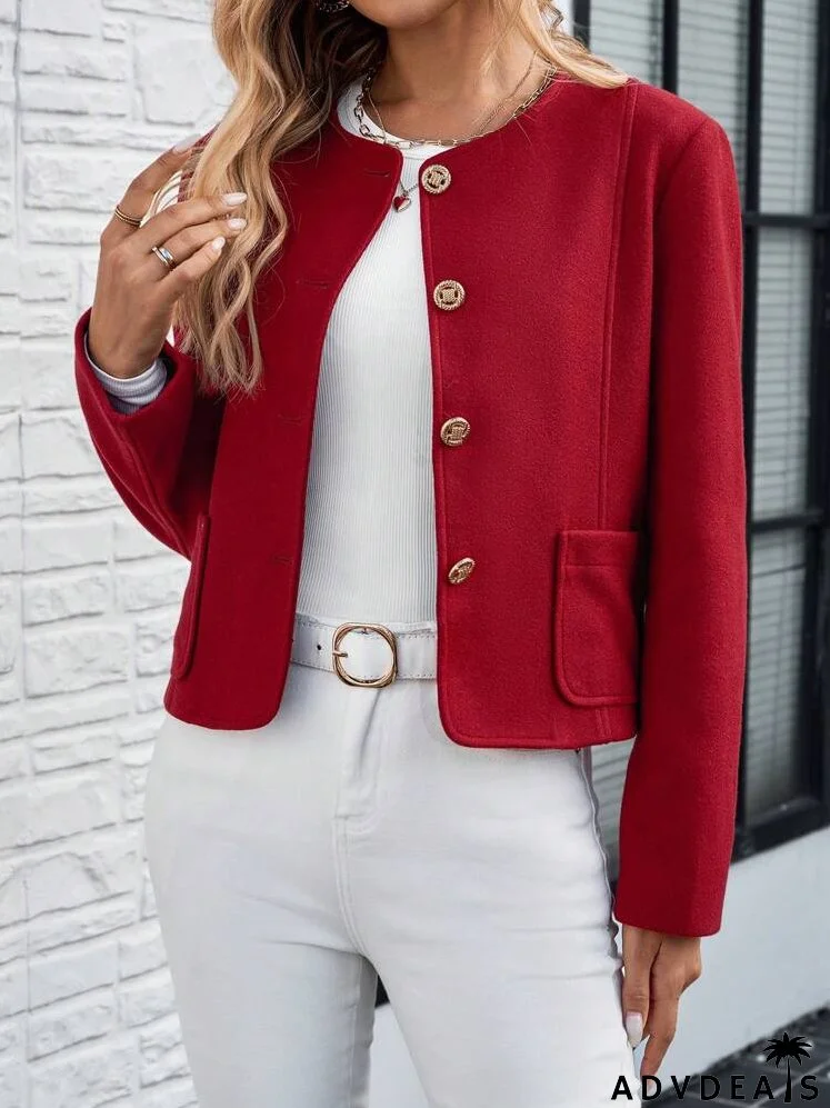 Women Solid Color Patchwork Pocket Single-Breasted Wool Blend Coat