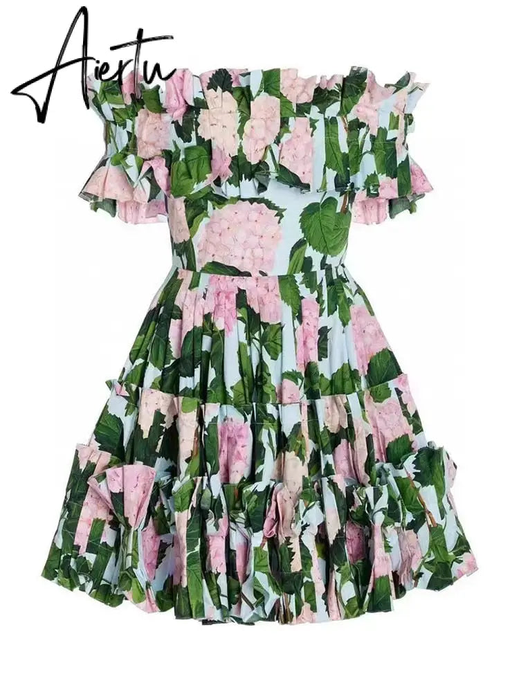 Summer Floral Ruched Dresses For Women Slash Neck Short Sleeve Patchwork Zipper Mini Dress Female Fashion Casual Clothes New Aiertu