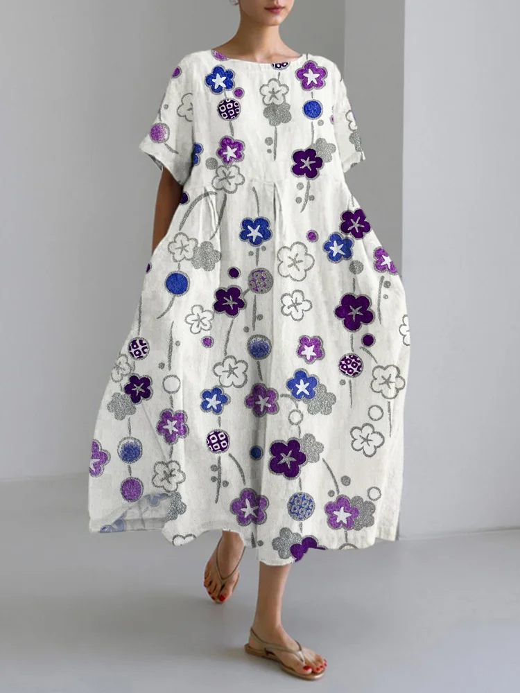 Watercolor Green Leaves Pattern Linen Blend Maxi Dress