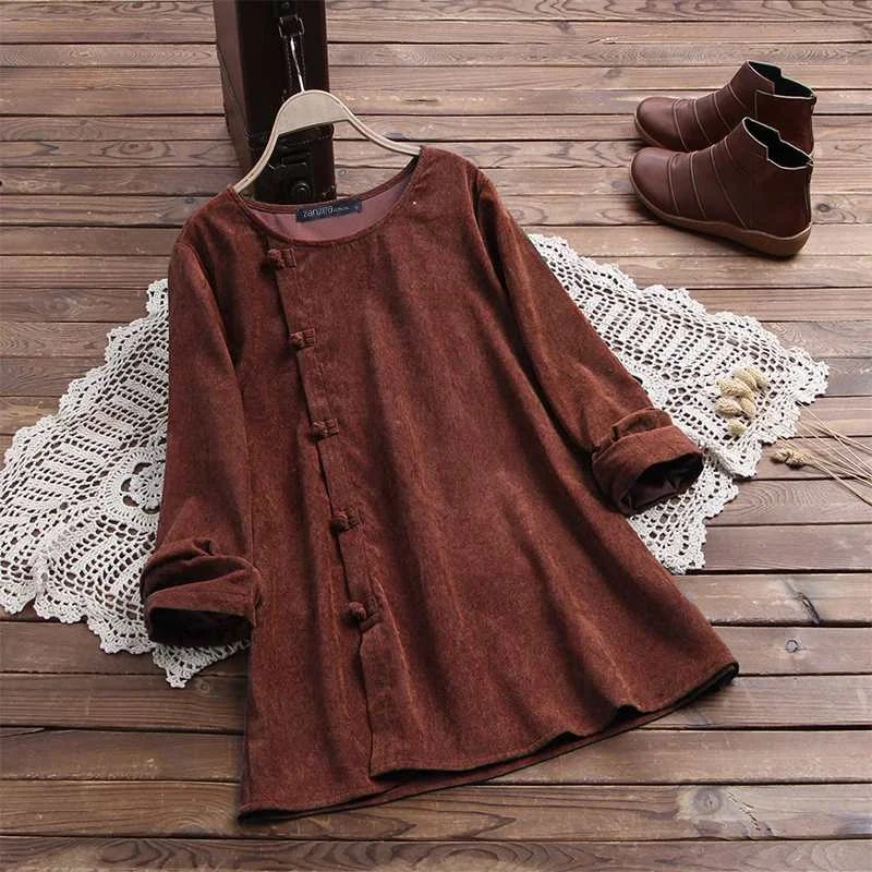 ZANZEA Vintage Corduroy Blouse 2022 Spring Long Sleeve Women Tunic Tops Loose Blusas Solid Blouses Femme Buttons Shirt