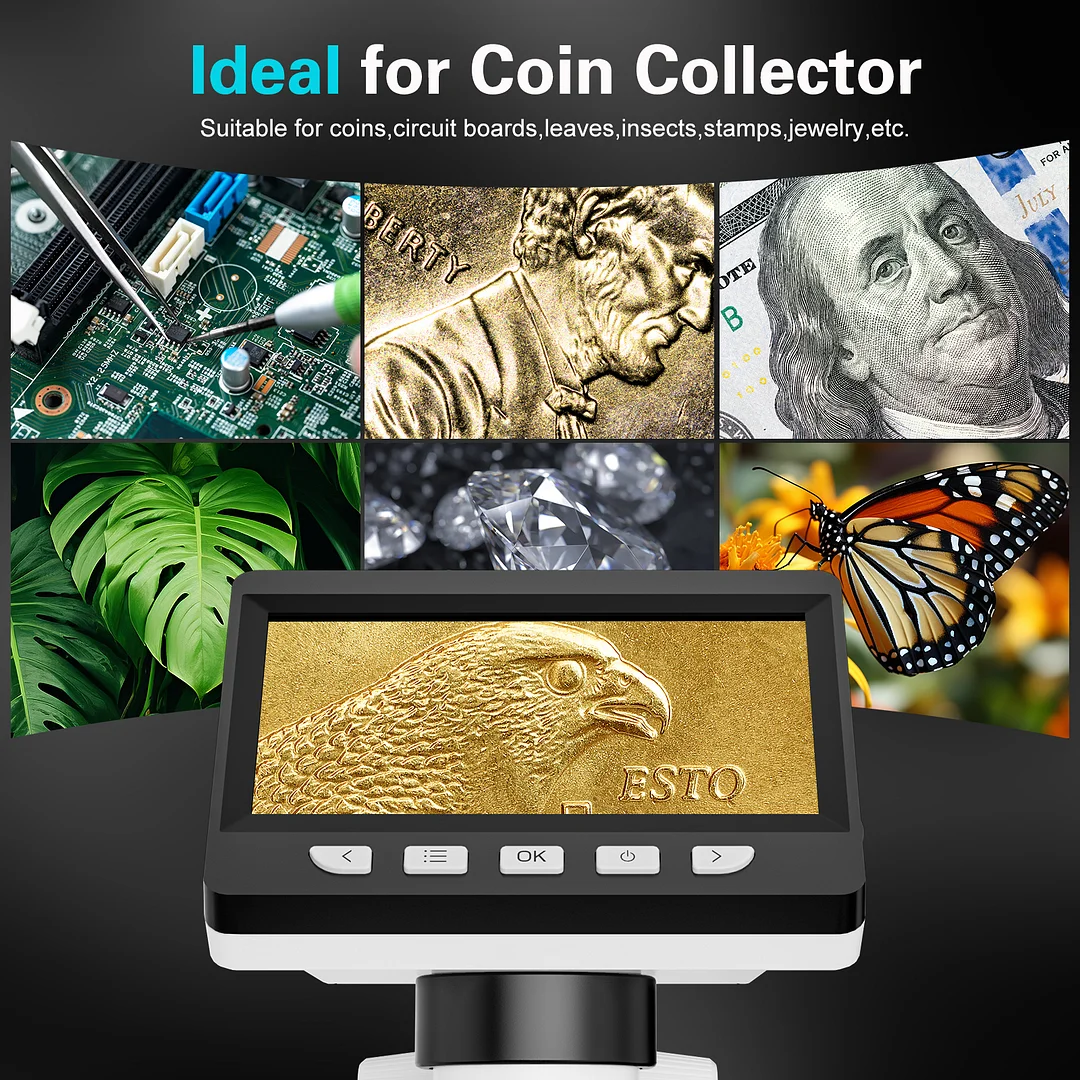 BEBANG 4.3" Coin Microscope 1000X, 1080p LCD Digital Microscope for Adults, Coin Magnifier with 8 LED Lights, Windows MacOS Compatible, 32GB