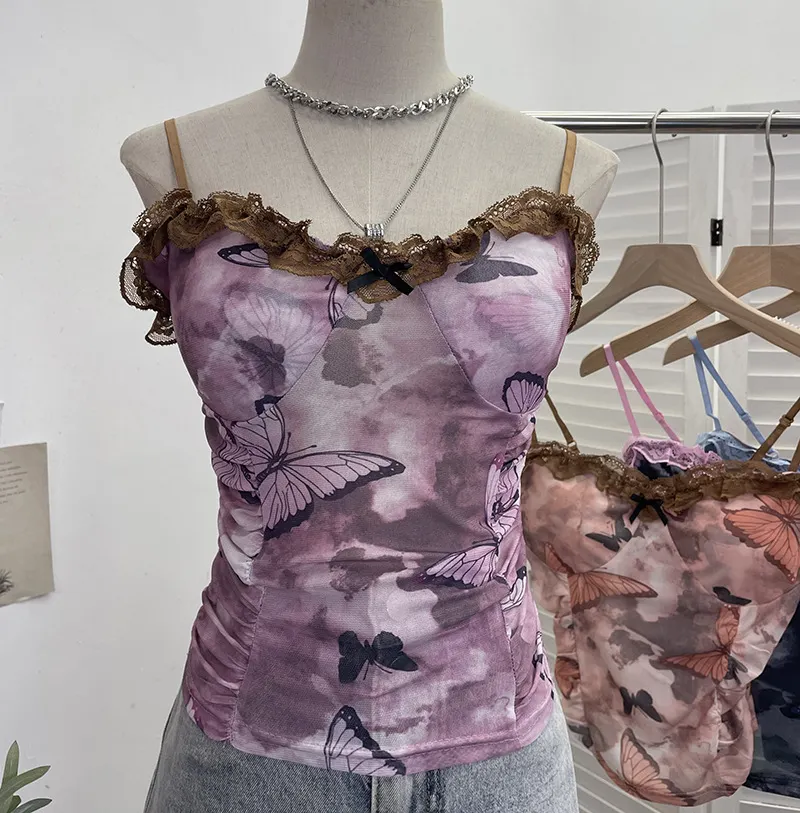 Brownm Real-Shooting Lace Bow Repair Body Tie-Dye-Print Mesh Hottie Pure Desire Sling Vest With Chest Cushion Top 8851