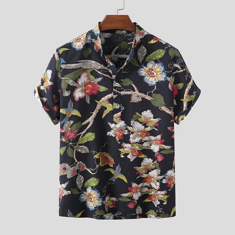 INCERUN Men Printed Shirt Cotton Streetwear Breathable Short Sleeve 2022 Stand Collar Hawaiian Shirts Casual Camisas Plus Size